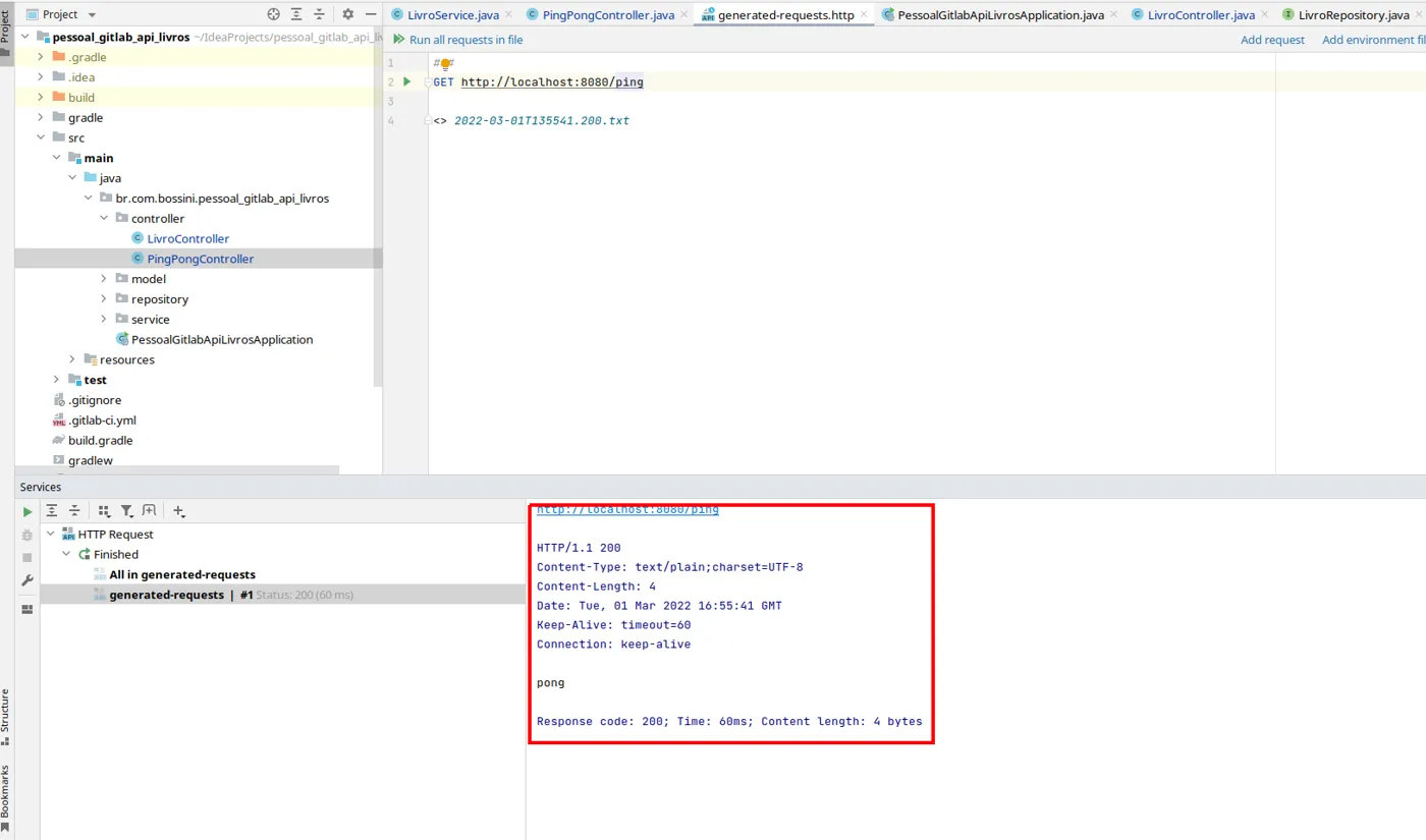 Painel de resultado com a resposta HTTP 200 e o corpo pong destacados