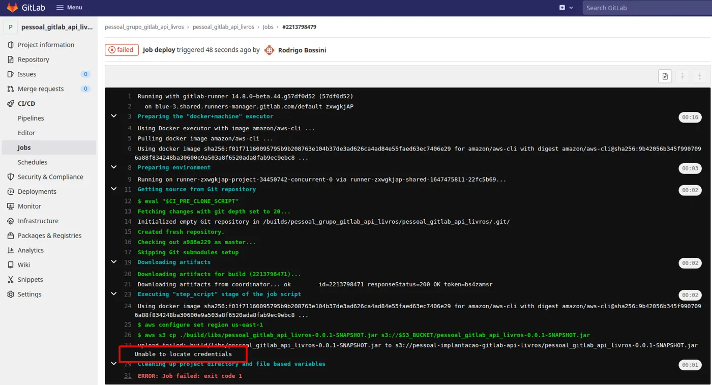 Log do job deploy com erro de credenciais: Unable to locate credentials ao executar aws s3 cp