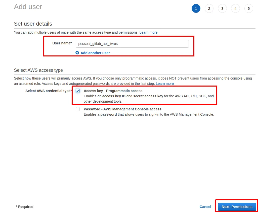 Tela Add user do IAM com o nome do usuário e a opção Access key - Programmatic access marcada