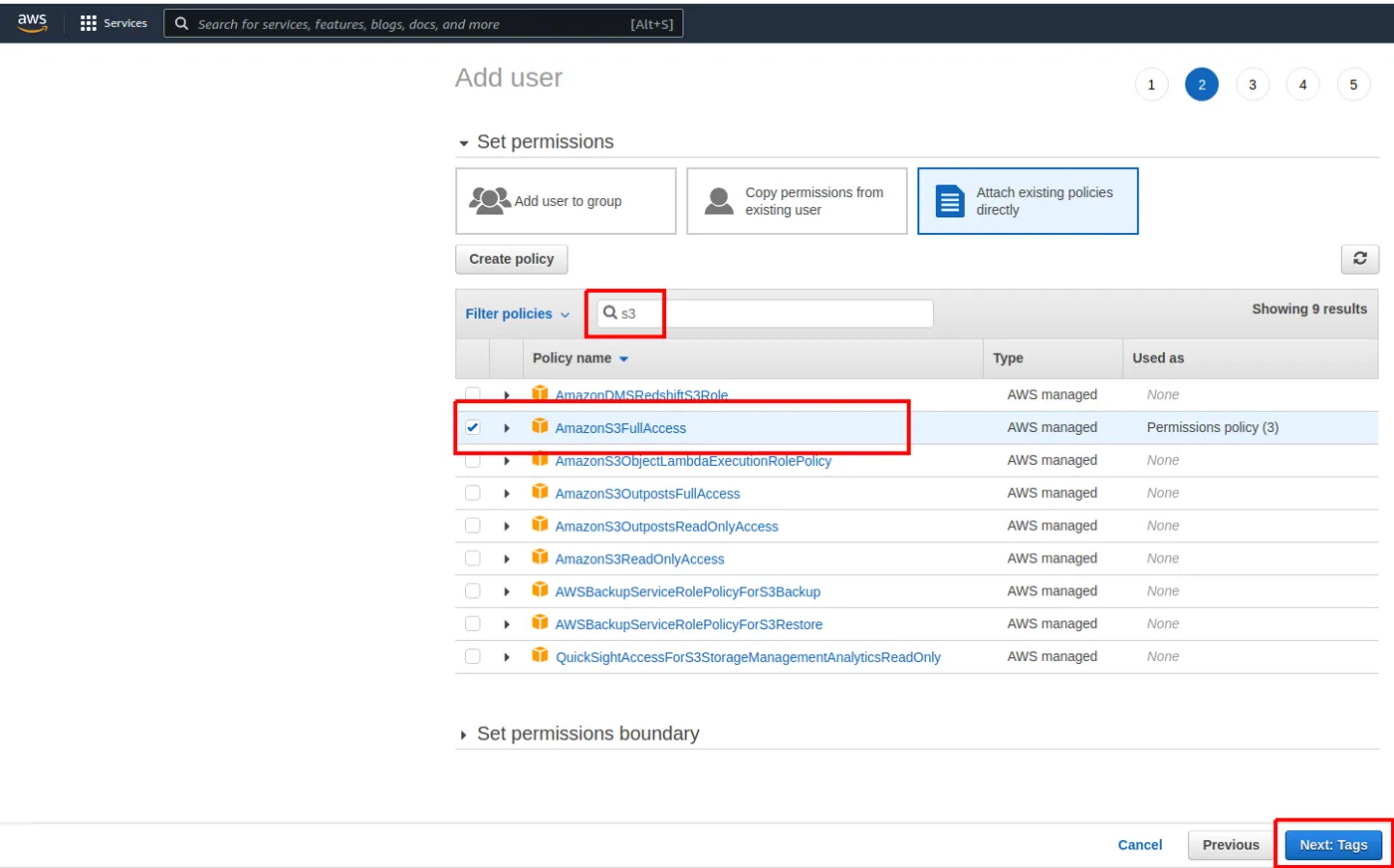 Lista de policies filtrada por S3 com AmazonS3FullAccess marcada