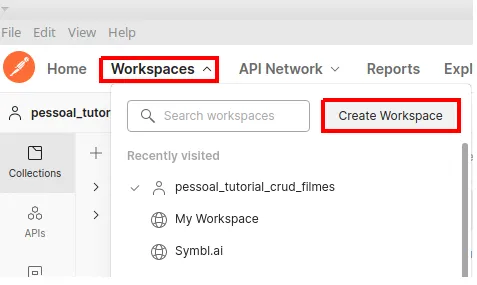 Menu Workspaces do Postman aberto com o botão Create Workspace destacado