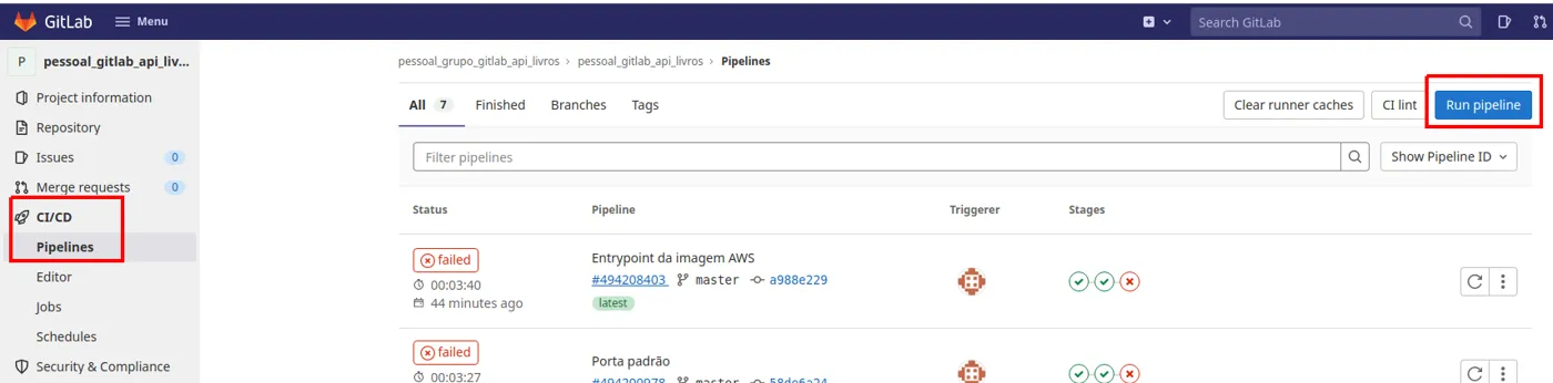 Tela Run pipeline com a branch selecionada, a área de variáveis vazia e o botão Run pipeline