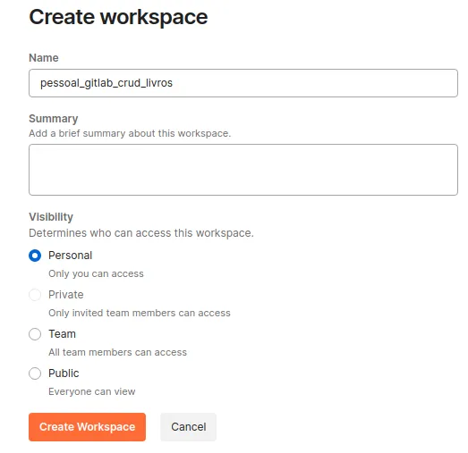 Formulário Create workspace com nome, resumo e visibilidade Personal selecionada