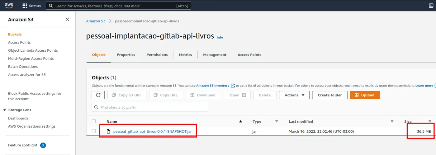 Lista de objetos do bucket com o arquivo pessoal_gitlab_api_livros-0.0.1-SNAPSHOT.jar e seu tamanho