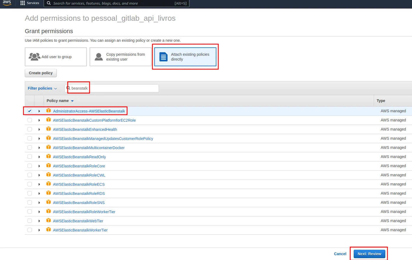 Tela Add permissions do IAM com Attach existing policies directly e a policy AdministratorAccess-AWSElasticBeanstalk marcada