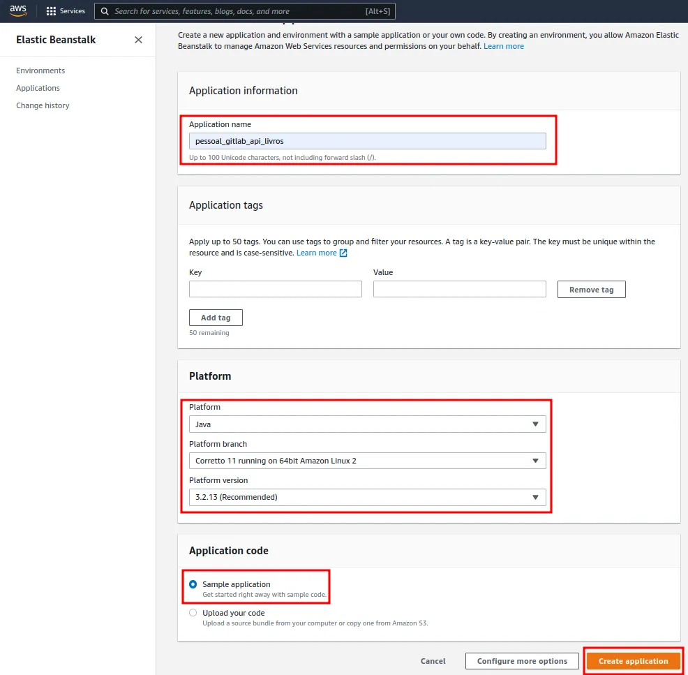 Formulário de criação da aplicação no Beanstalk com o nome pessoal_gitlab_api_livros, a plataforma Java e Sample application destacados