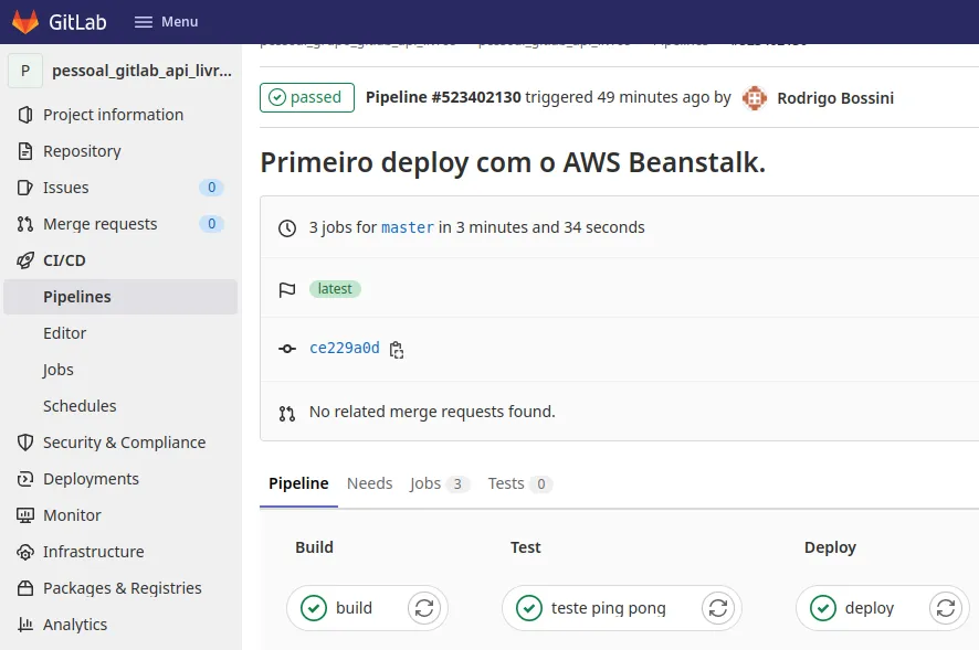 Pipeline com os jobs build, teste ping pong e deploy concluídos com sucesso