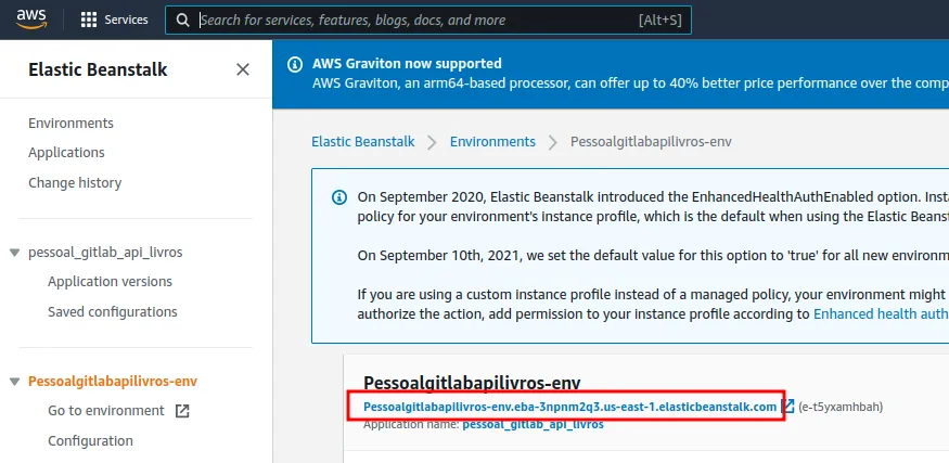 Painel do ambiente Pessoalgitlabapilivros-env com o link da aplicação destacado