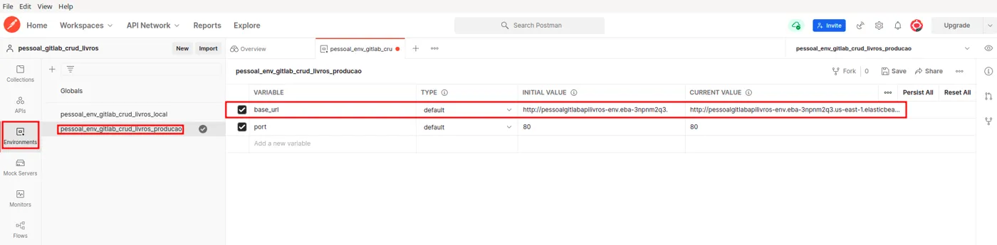 Ambiente de produção do Postman com base_url atualizada para o endereço do novo ambiente