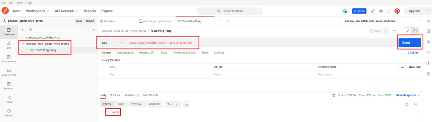 Requisição Teste Ping Pong no ambiente de produção com a resposta pong