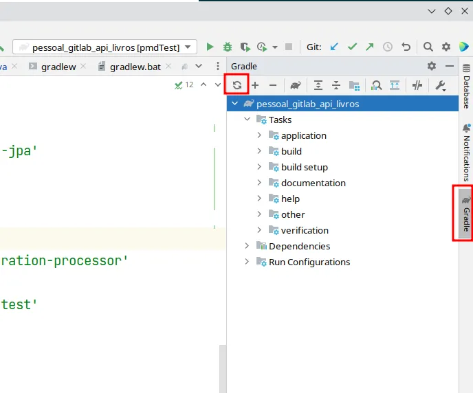 Painel Gradle com o botão de recarregar os projetos Gradle destacado