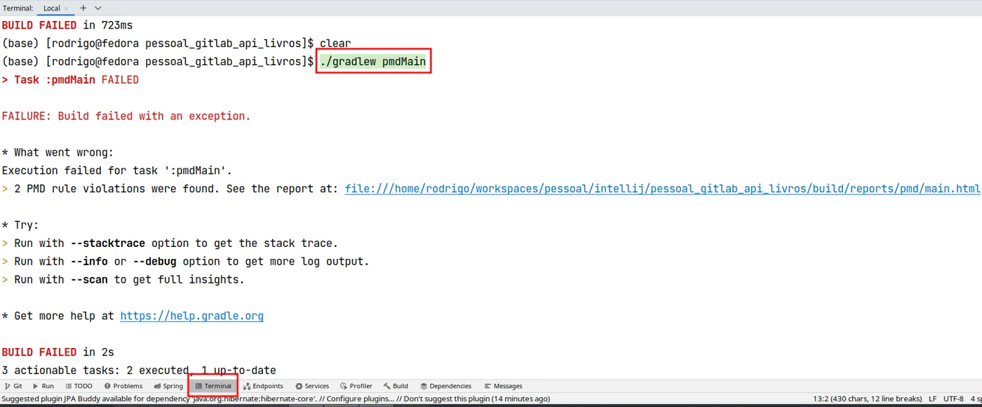 Terminal do IntelliJ com ./gradlew pmdMain terminando em BUILD FAILED por 2 violações de regras do PMD
