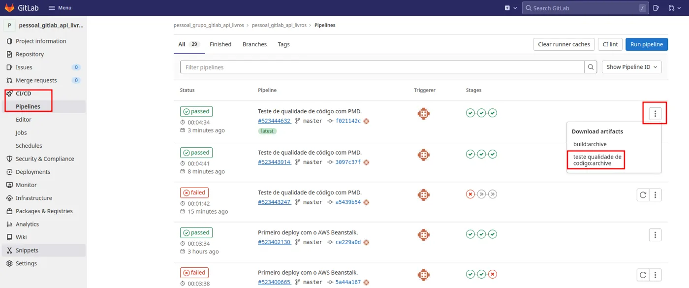 Lista de pipelines com o menu de três pontinhos aberto mostrando os artefatos build e teste qualidade de codigo para download