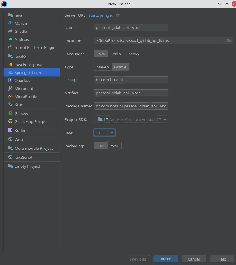 Tela New Project do IntelliJ com o gerador Spring Initializr selecionado e os campos do projeto preenchidos: nome pessoal_gitlab_api_livros, linguagem Java, tipo Gradle, grupo br.com.bossini e Java 17