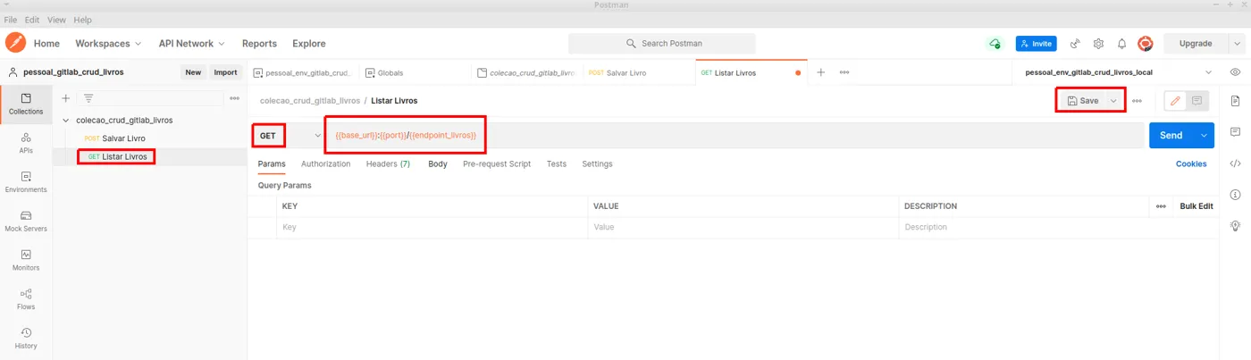 Requisição Listar Livros no Postman com método GET e a URL com variáveis