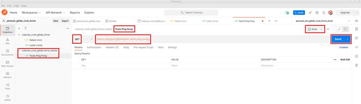 Requisição Teste Ping Pong na coleção de testes do Postman com método GET