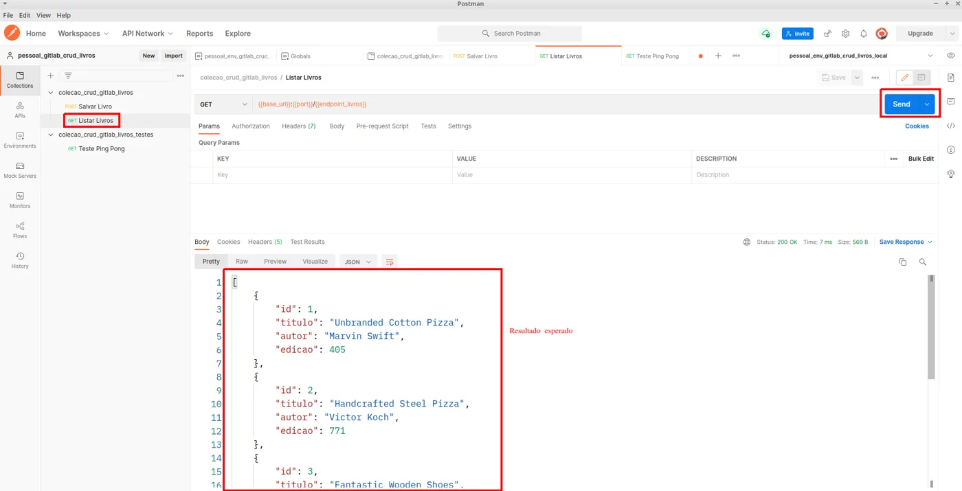 Resposta da requisição Listar Livros com um array JSON de livros, cada um com id, titulo, autor e edicao