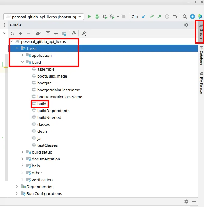 Painel Gradle com Tasks, build e a tarefa build destacadas