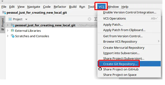 Menu VCS do IntelliJ com a opção Create Git Repository destacada