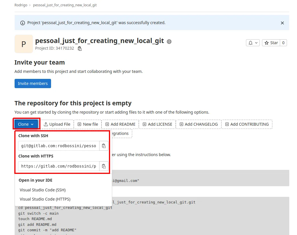 Página do projeto vazio no GitLab com o botão Clone aberto mostrando os links Clone with SSH e Clone with HTTPS