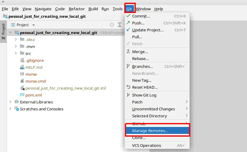 Menu Git do IntelliJ com a opção Manage Remotes destacada