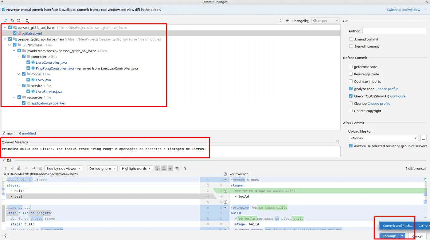 Janela de commit do IntelliJ com os arquivos selecionados, a mensagem de commit e o botão Commit and Push