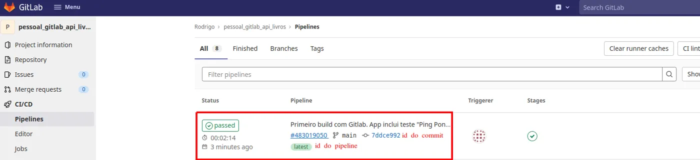 Lista de pipelines do projeto com o primeiro pipeline e seu status destacados
