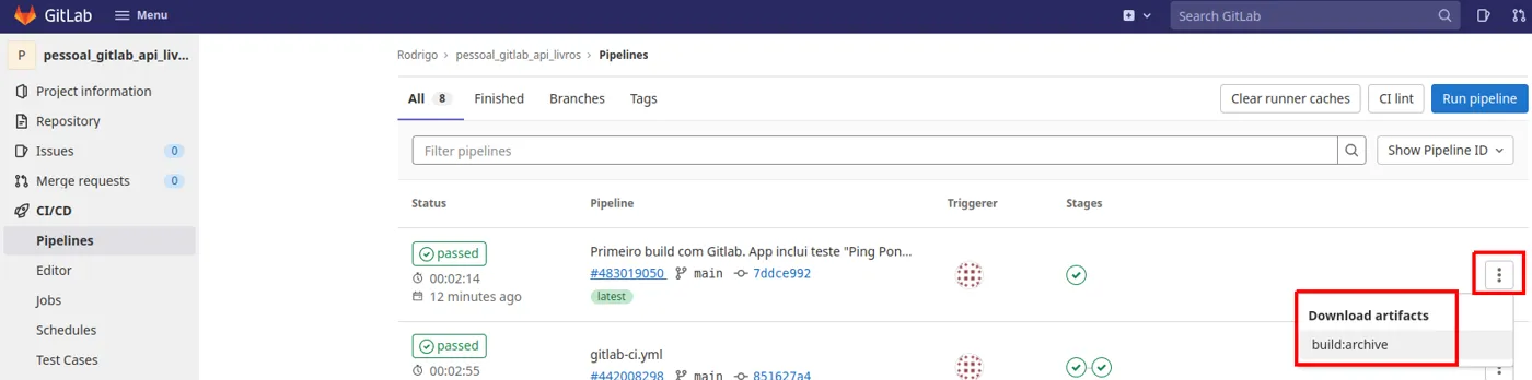 Lista de pipelines com o menu de três pontinhos aberto e a opção de download do artefato build destacada