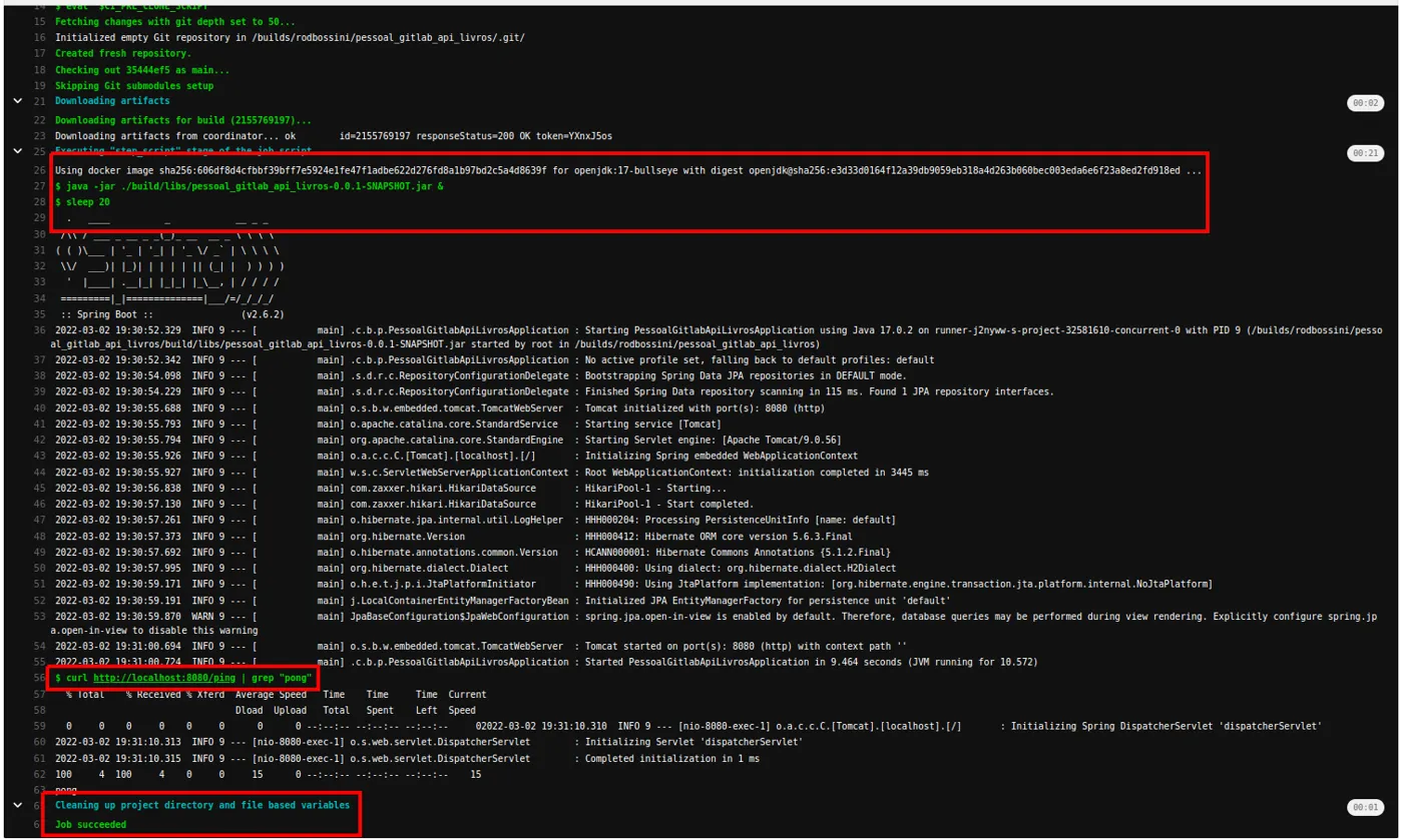 Log do job teste ping pong mostrando a inicialização do Spring Boot, o sleep 20 e a saída do curl contendo pong