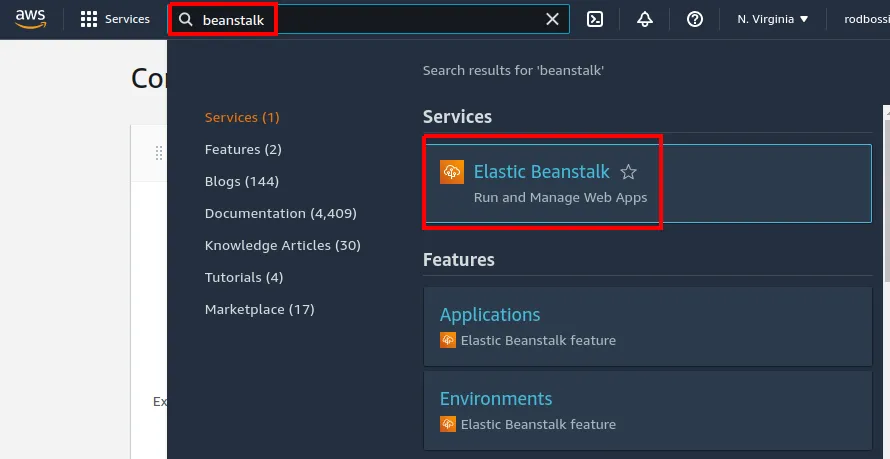 Busca por beanstalk no console AWS com o serviço Elastic Beanstalk destacado nos resultados