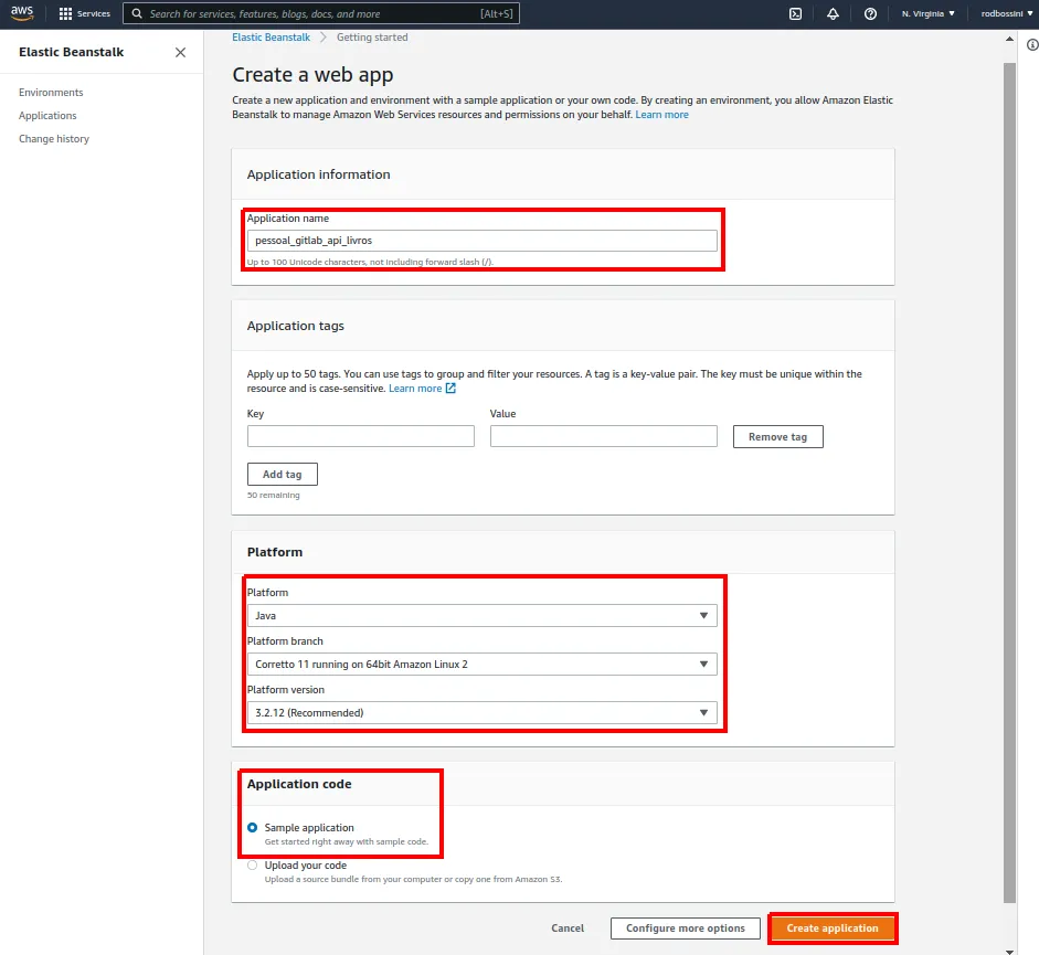 Formulário Create a web app do Elastic Beanstalk com nome da aplicação, plataforma Java e Sample application destacados