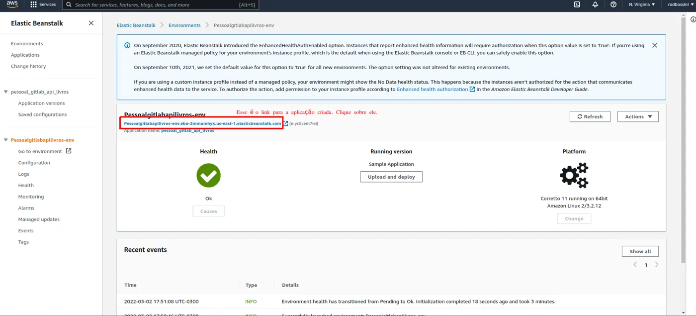 Painel do ambiente no Elastic Beanstalk com a saúde Ok, a versão em execução e o link da aplicação no topo