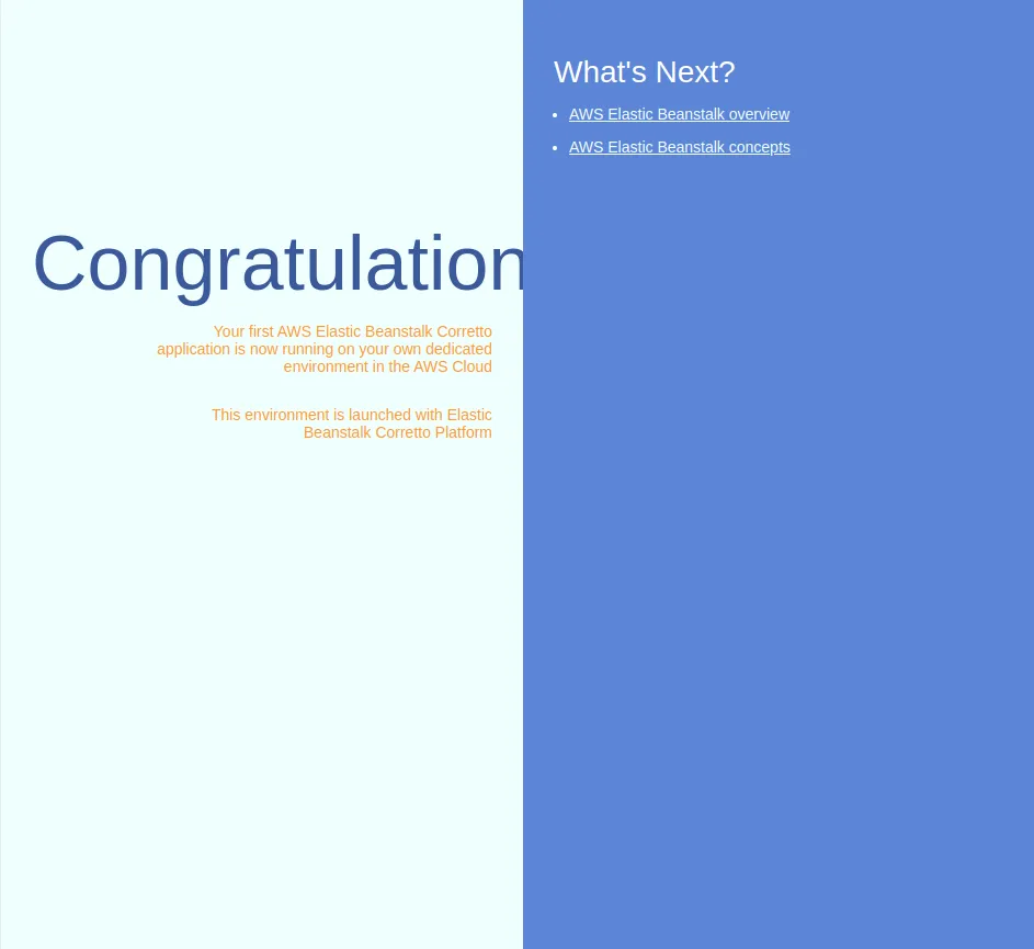 Página Congratulations da aplicação de exemplo do Elastic Beanstalk