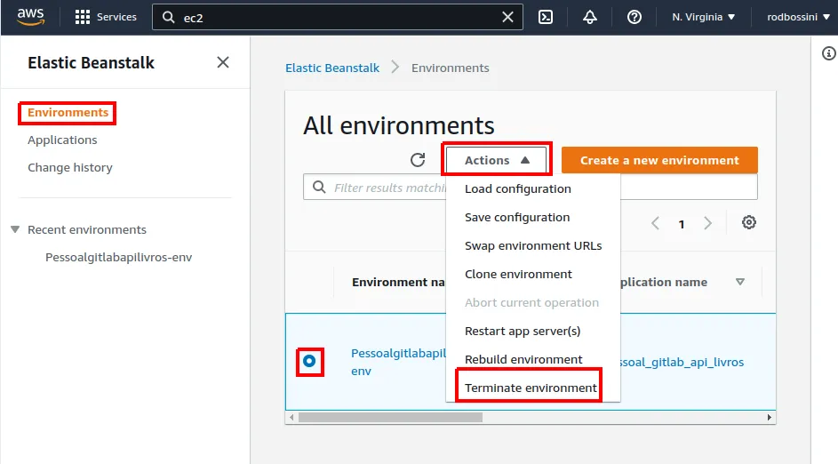 Lista All environments com um ambiente selecionado e o menu Actions aberto na opção Terminate environment