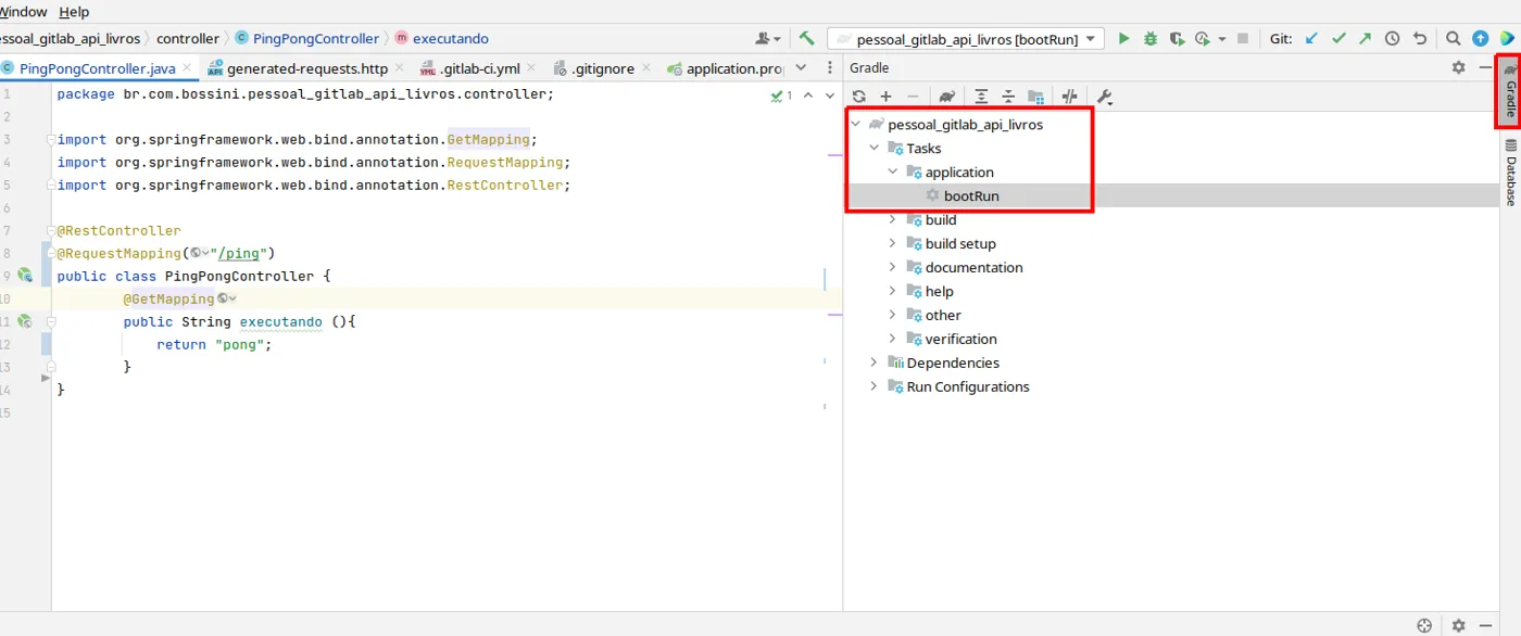 Painel Gradle do IntelliJ com Tasks, application e a tarefa bootRun destacadas