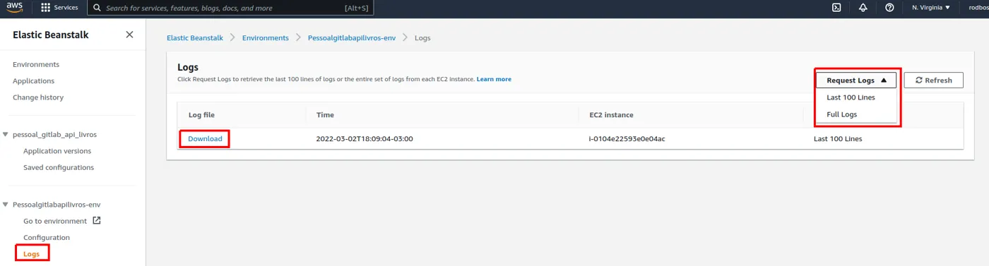 Tela Logs do Beanstalk com o menu Request Logs e a opção Last 100 lines destacados