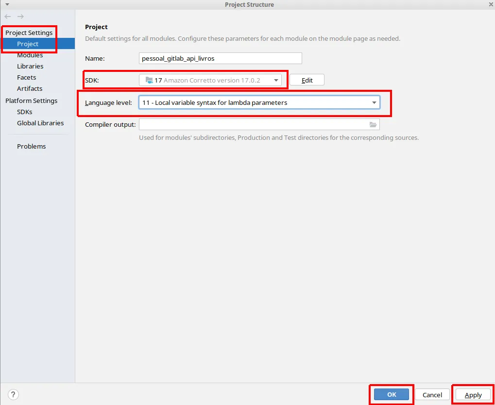 Janela Project Structure com o SDK mantido e o Language level alterado para 11