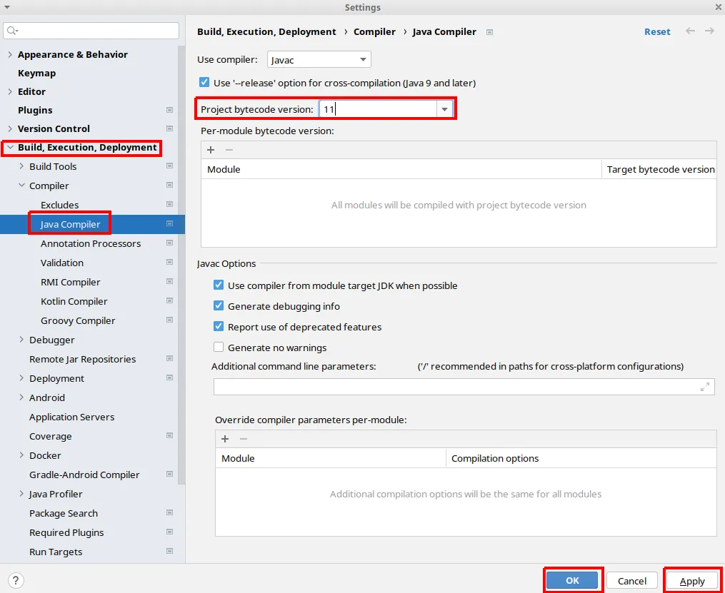 Configurações do Java Compiler com o Project bytecode version definido como 11