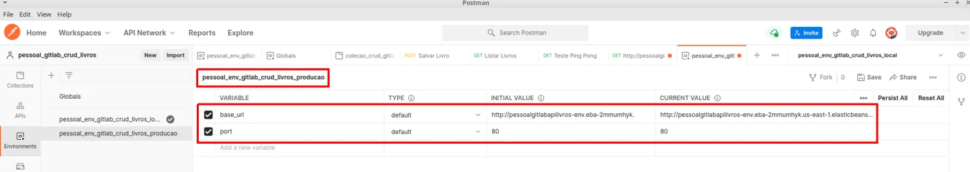 Ambiente de produção no Postman com base_url apontando para o endereço do Elastic Beanstalk e port igual a 80