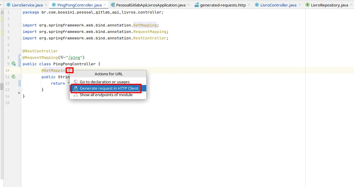 Menu do globinho ao lado do GetMapping com a opção Generate request in HTTP client destacada