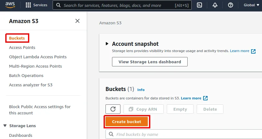 Tela inicial do Amazon S3 com o item Buckets e o botão Create bucket destacados