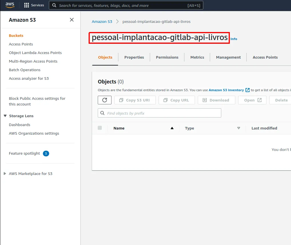 Página do bucket pessoal-implantacao-gitlab-api-livros com seu nome destacado e a lista de objetos vazia