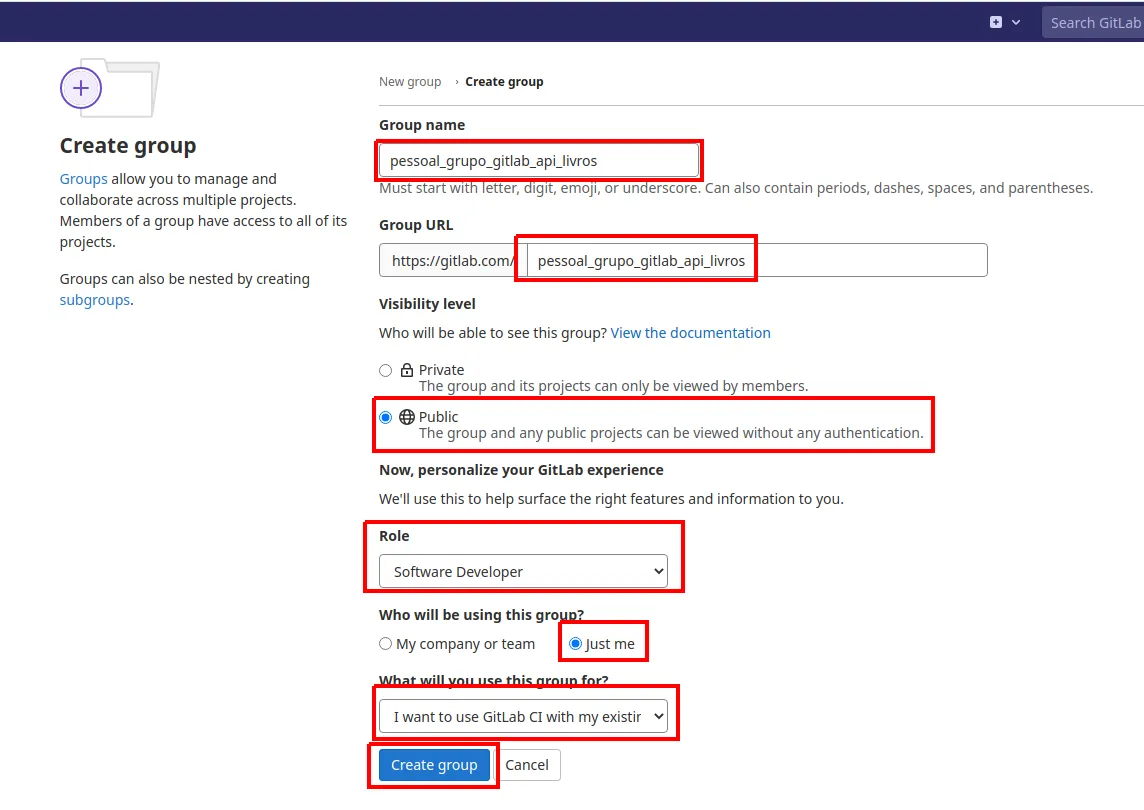 Formulário Create group com o nome do grupo, a URL do grupo, a visibilidade Public e o botão Create group destacados