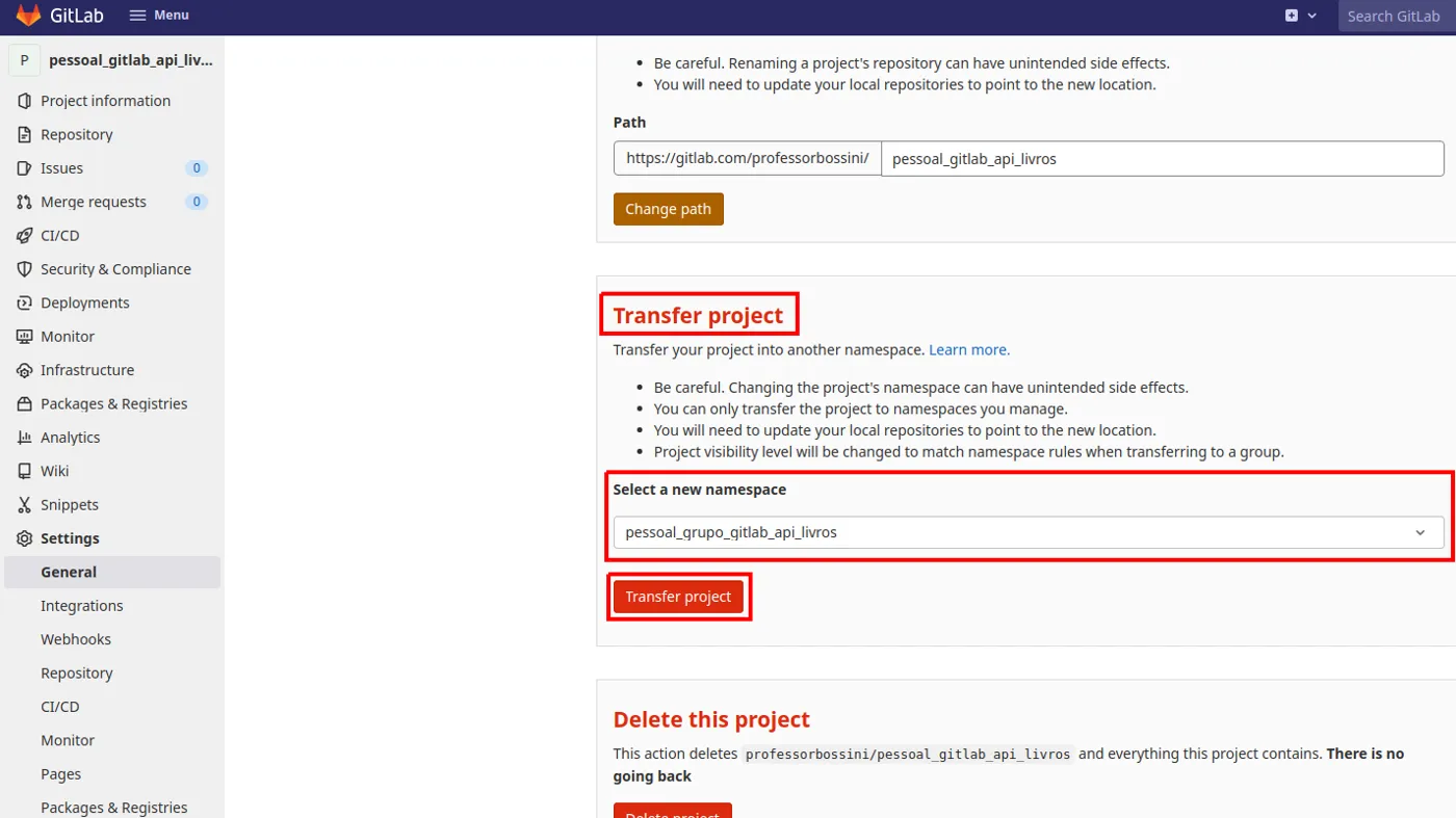 Seção Transfer project das configurações avançadas com o novo namespace selecionado e o botão Transfer project