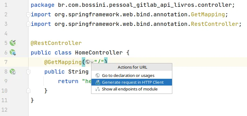 Menu do globo ao lado do GetMapping no HomeController com a opção Generate request in HTTP Client destacada