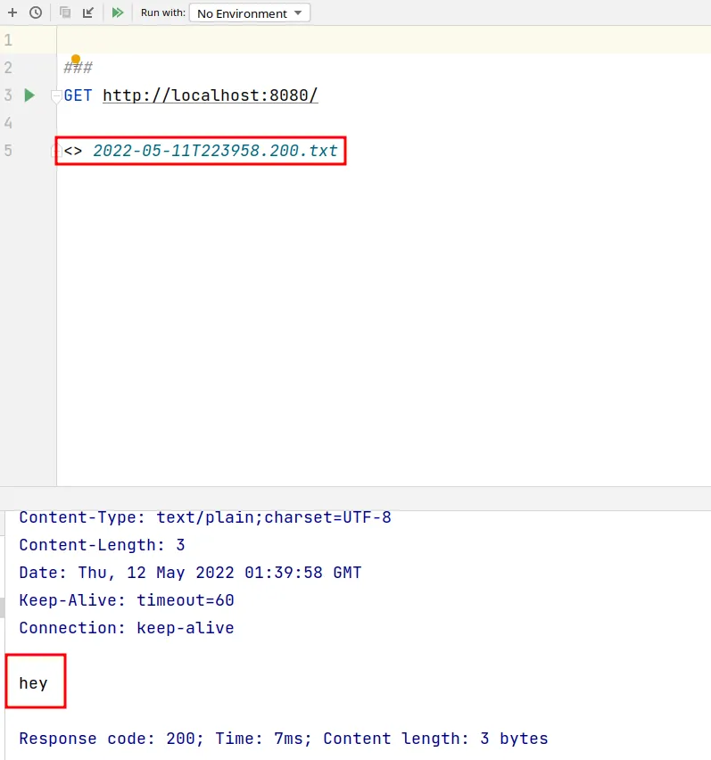 Resposta da requisição GET http://localhost:8080/ com status 200 e corpo hey