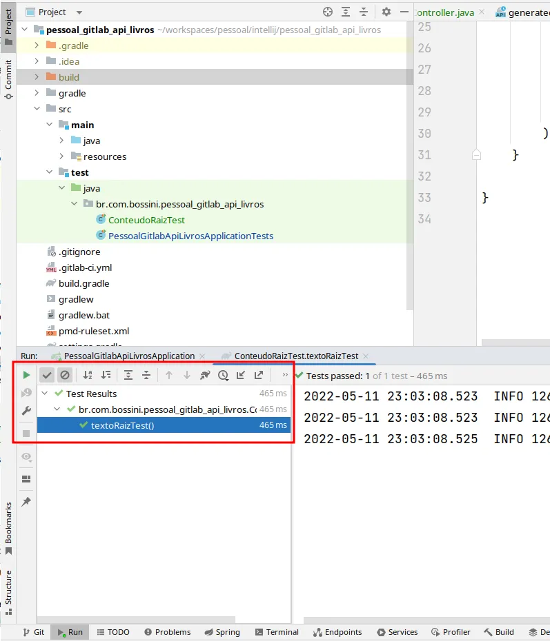 Painel de execução com o teste textoRaizTest aprovado