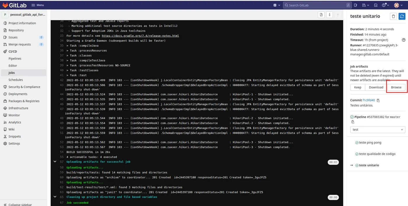 Log do job teste unitario com a seção Job artifacts à direita e o botão Browse destacado