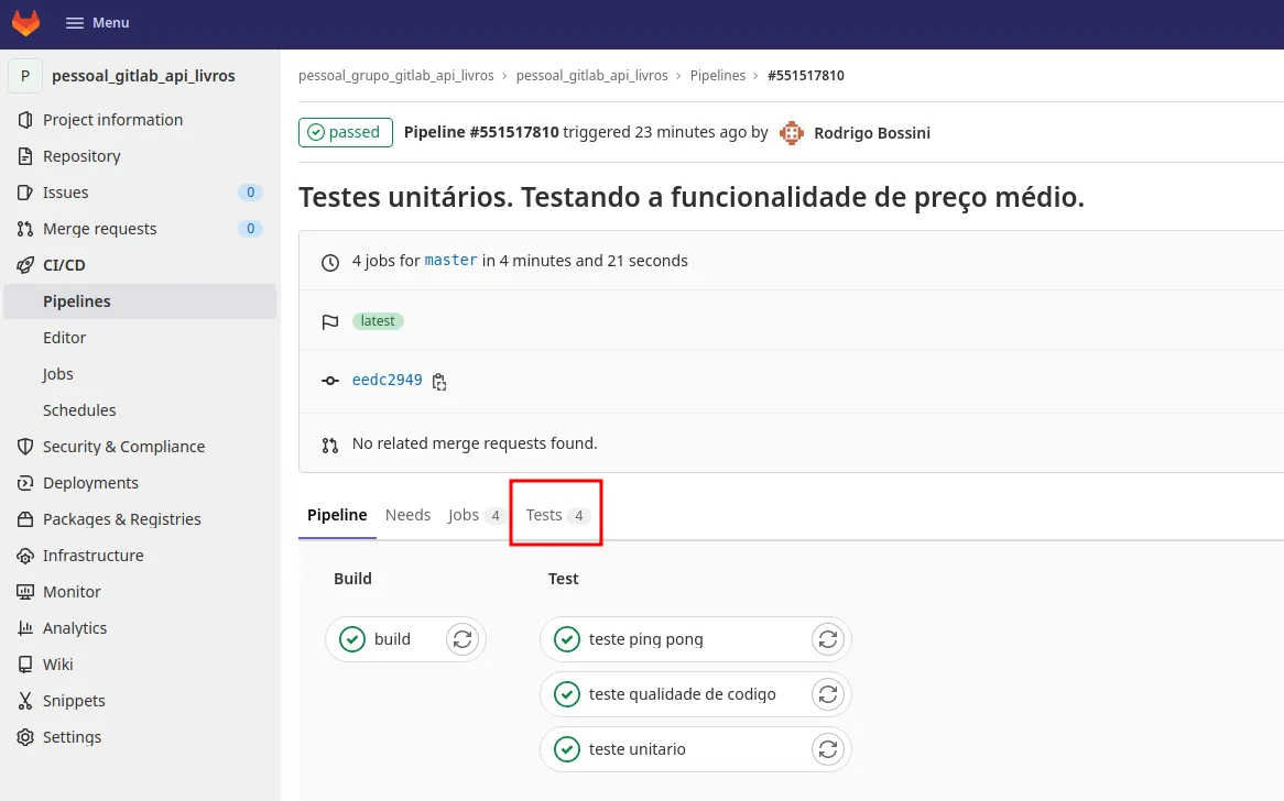 Página do pipeline Testes unitários. Testando a funcionalidade do preço médio, com a aba Tests destacada