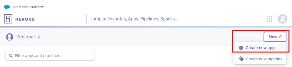 Dashboard do Heroku com o menu New aberto e a opção Create new app destacada